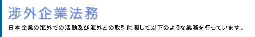 渉外企業法務 - 日本企業の海外での活動及び海外との取引に関して以下のような業務を行っています。